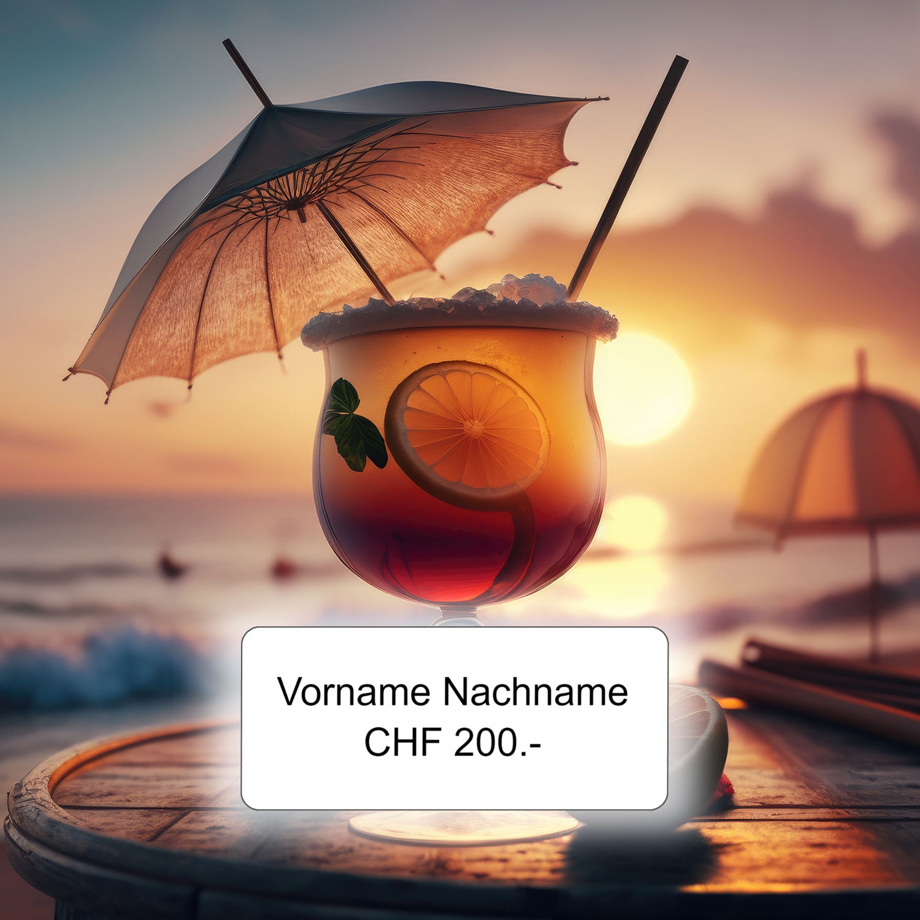 Plakette auf Stuhlrücklehne und Sundowner-Drink