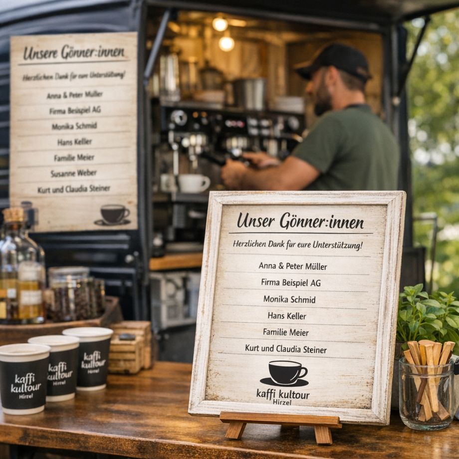 Namentliche Erwähnung als Gönner:in auf unserer Website und beim Kaffi.