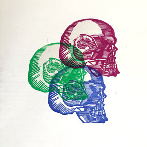 Linolschnitt «Skull tricolour», von Reto Schorta