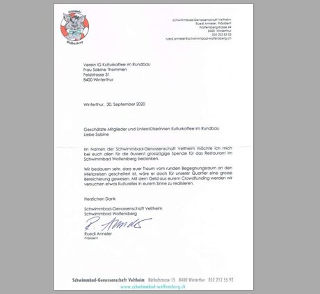 Dankesbrief Schwimmbad Wolfensberg