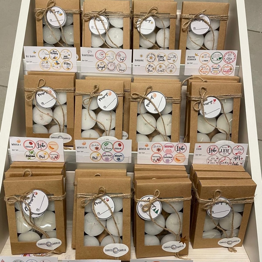 6er Set Teelichtkerzen mit Überraschungsbotschaft mit Karte