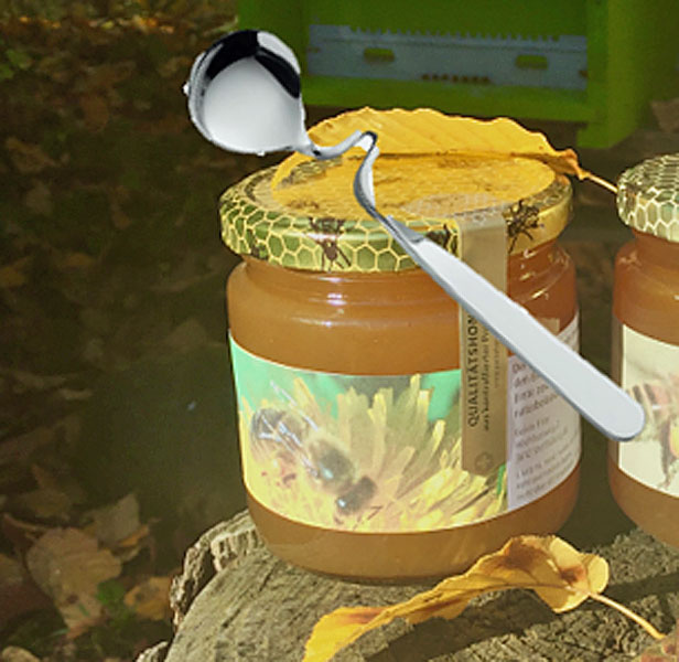 1 Glas Honig und Honiglöffel