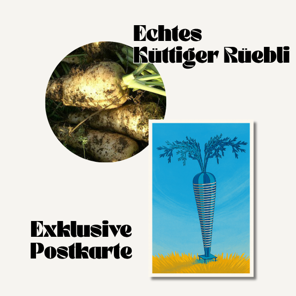 Kunstvolle Postkarte plus ein echtes Küttiger Rüebli