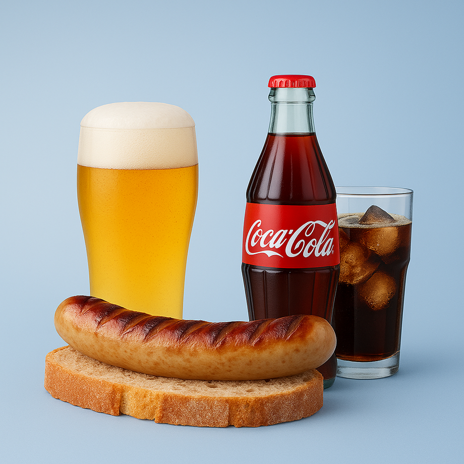 Wurst vom Grill nach Wahl mit Softgetränk oder Bier