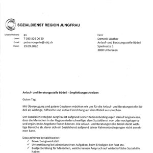 Empfehlungsschreiben Sozialdienst Region Jungfrau