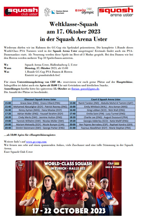Weltklasse Squash in der Squash Arena Uster am 17.10.2023