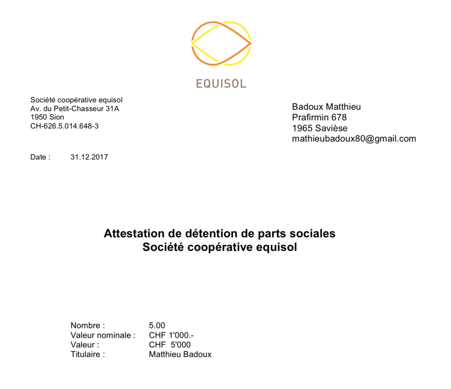 Une part sociale de la société Equisol+ visite guidée de notre jardin