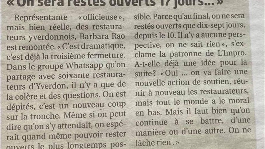 Aide et soutien aux restaurateurs d'Yverdon-les-Bains