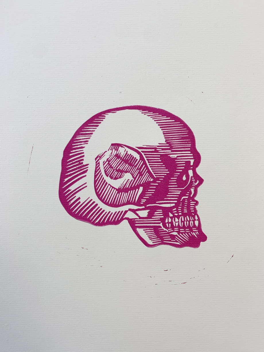 Linolschnitt «Red Skull», von Reto Schorta